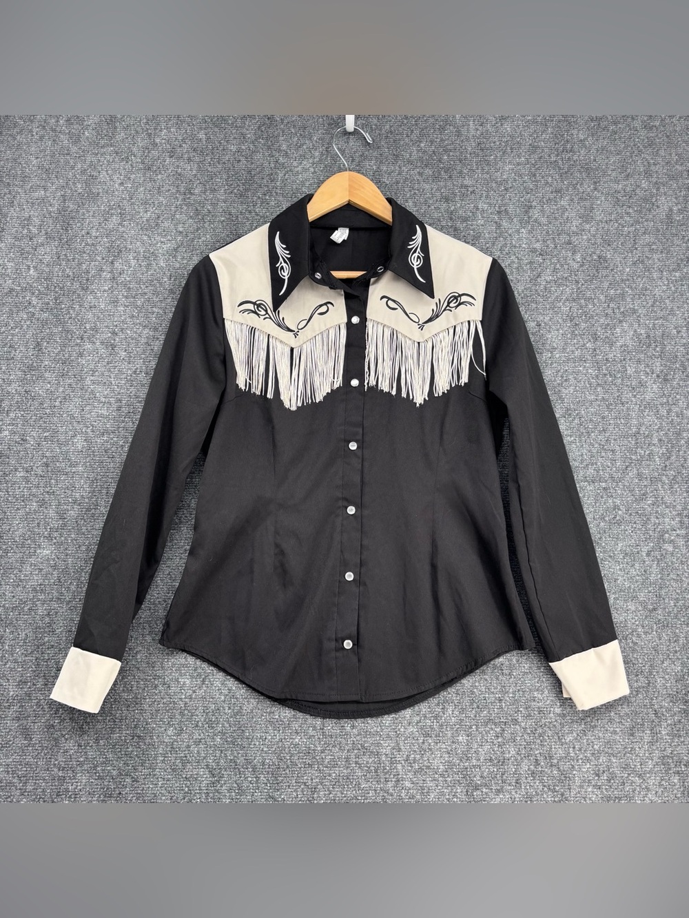 Black Western Festival Cowgirl Fringe Snap Closure Long Sleeve Shirt Women’s S